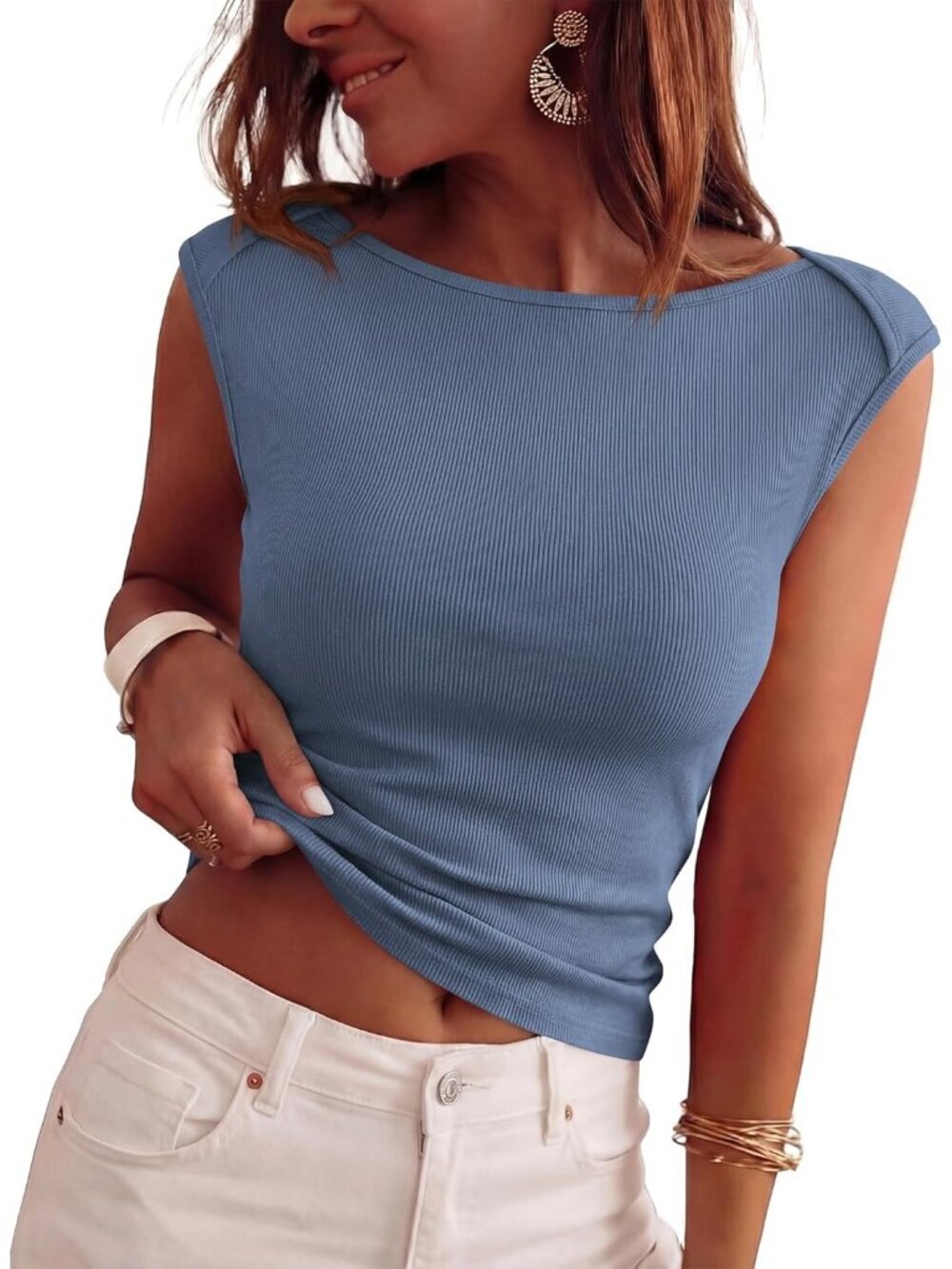 Women's Grey Blue Ribbed Boat Neck Tank Top Fitted Cap Sleeve